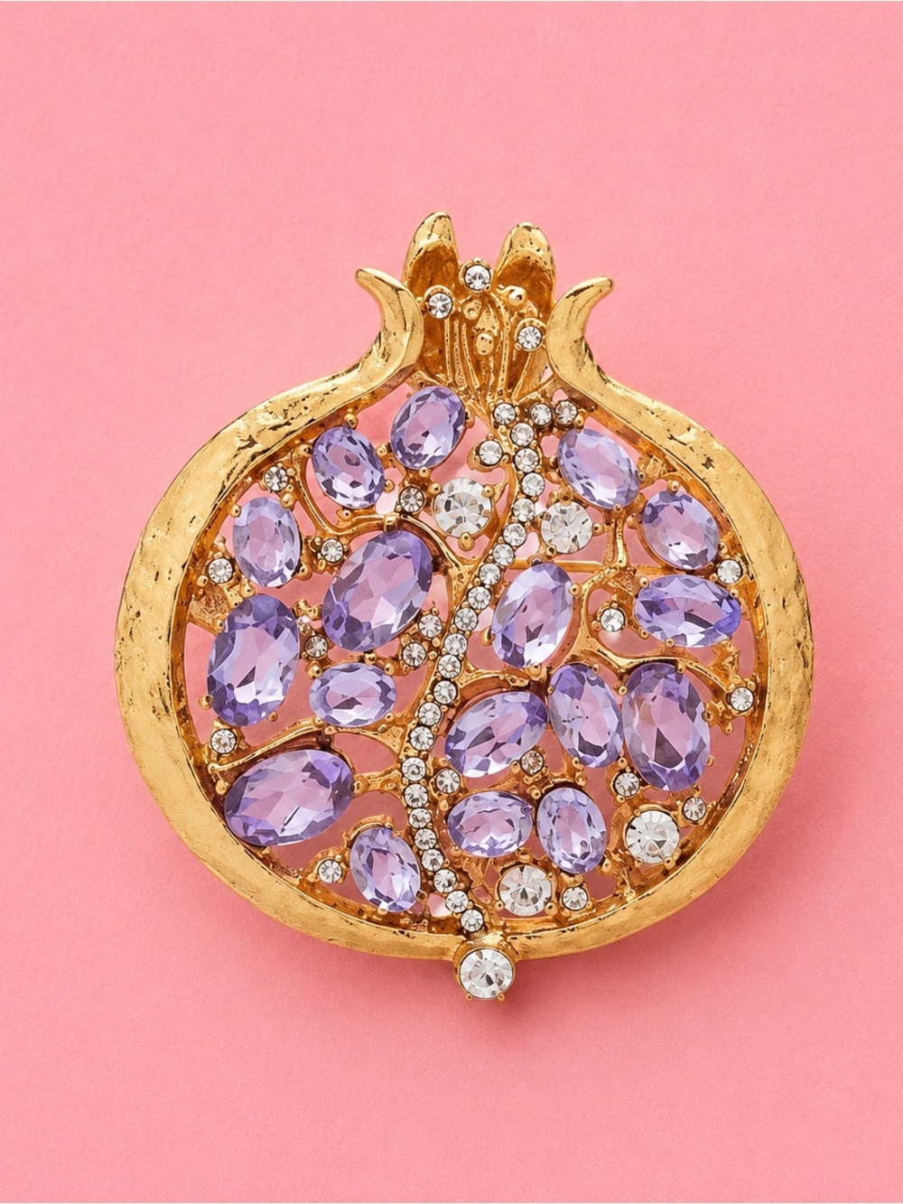 Amethyst Pomegranate Crystal Gold Brooch
